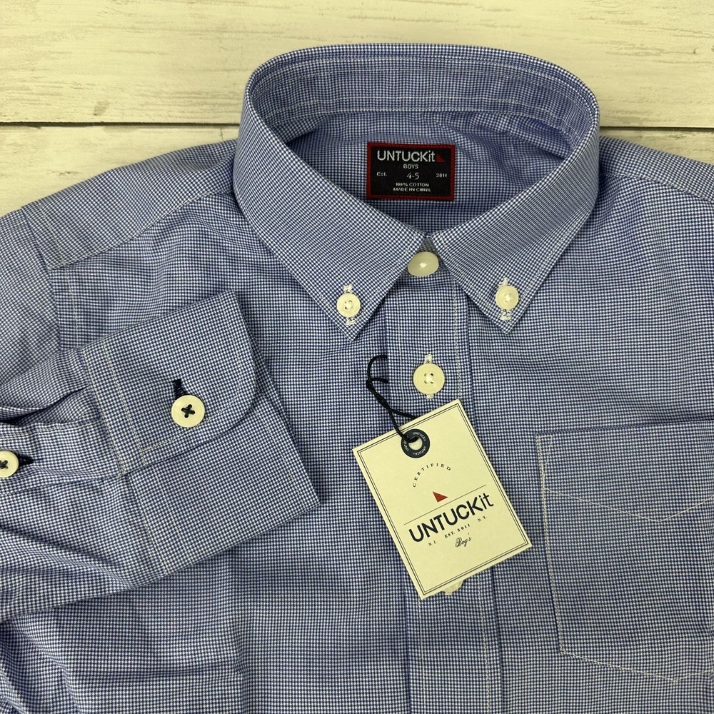 UNTUCKit Youth boys Size 4-5 long Sleeve button down Shirt blue NWT School‎